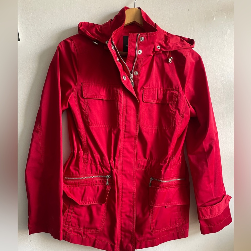 Red Spring jacket with hood. Worn twice, excellent condition, water repellent.